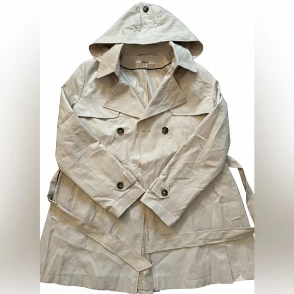 DKNY Cotton Blend Double-Breasted Trench Coat - Sand/Beige - XL (removable hood) - Picture 3 of 10